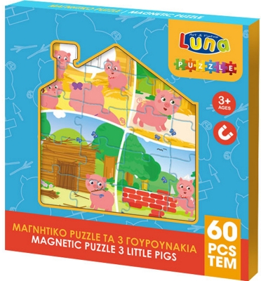 Магнитен пъзел 60 ел. Приказката Трите прасенца Three Little Pigs 18x18x2 см с 3 пъзела по 20 ел.